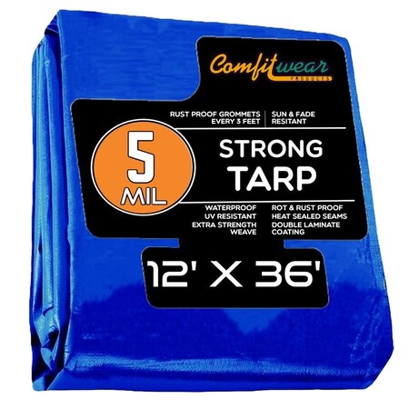 Comfitwear 5 MIL Standard Strong Multi-Purpose Tarp Cover Rust Proof Waterproof Reinforced Edges, Blue MT-1236